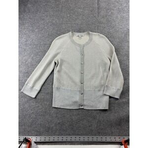 ST JOHN Women's S Sweater Ribbed Cardigan Button Grey Silver Shimmer Preppy SEE